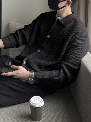 Кардиган с яка lapel – мъжки свободен крой, плетен материал, дълги ръкави