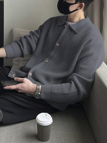 Кардиган с яка lapel – мъжки свободен крой, плетен материал, дълги ръкави