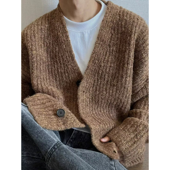 Мъжки кардиган Chenille, Батвинг модел, с дълги ръкави, яка тип риза, пролет 2025 издание