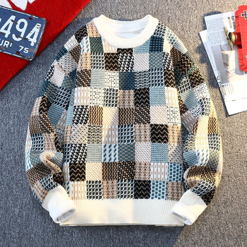 Мъжки плетен пуловер – кръгла яка, дълги ръкави, жакард, смес от синтетични влакна с акрил 42%, средна дебелина, Зима 2025