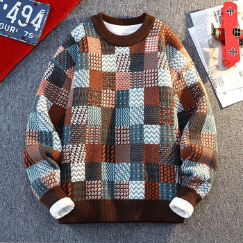 Мъжки плетен пуловер – кръгла яка, дълги ръкави, жакард, смес от синтетични влакна с акрил 42%, средна дебелина, Зима 2025