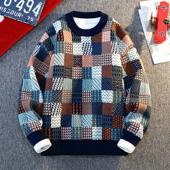 Мъжки плетен пуловер – кръгла яка, дълги ръкави, жакард, смес от синтетични влакна с акрил 42%, средна дебелина, Зима 2025