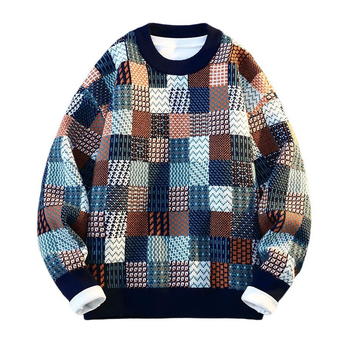 Мъжки плетен пуловер – кръгла яка, дълги ръкави, жакард, смес от синтетични влакна с акрил 42%, средна дебелина, Зима 2025