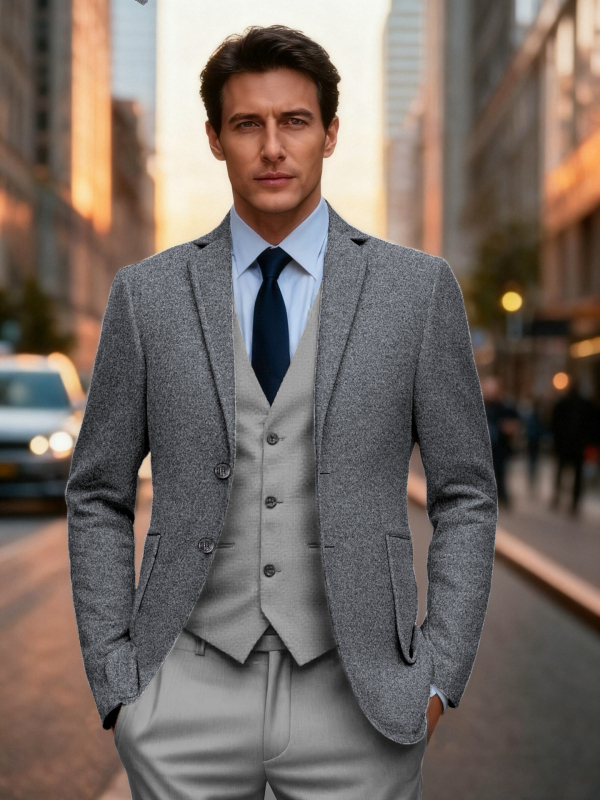 Ανδρικό σακάκι Slim Fit με πέτο, μονόχρωμο, τσέπες 3D patch, κανονικό μήκος