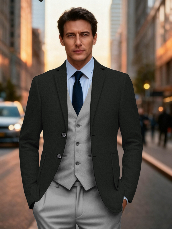 Ανδρικό σακάκι Slim Fit με πέτο, μονόχρωμο, τσέπες 3D patch, κανονικό μήκος