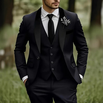 Set costum masculin pentru nunți și evenimente formale, croială slim, rever clasic cu nasturi la un rând, 100% poliester, potrivit primăvară și toamnă