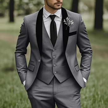 Мъжки официален костюм комплект за сватби, Slim fit, еднобутонен ревер, 100% полиестер, подходящ за пролет и есен
