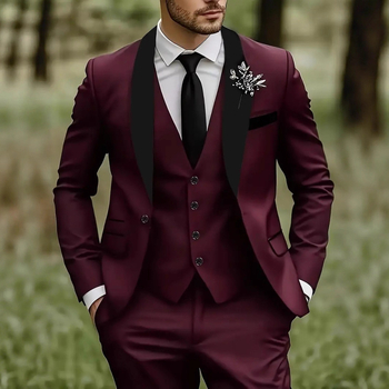 Мъжки официален костюм комплект за сватби, Slim fit, еднобутонен ревер, 100% полиестер, подходящ за пролет и есен