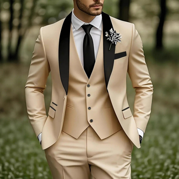 Мъжки официален костюм комплект за сватби, Slim fit, еднобутонен ревер, 100% полиестер, подходящ за пролет и есен