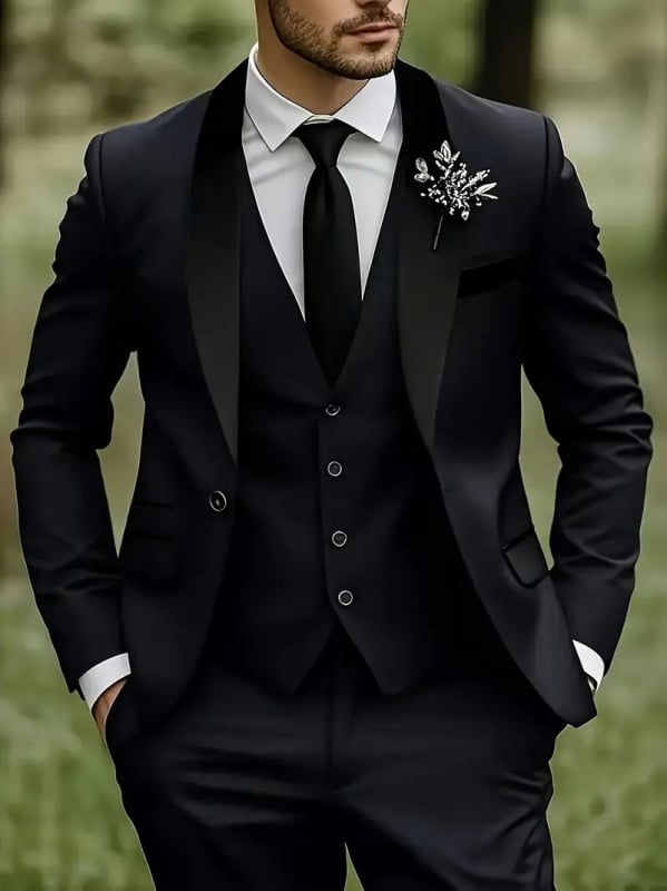 Set costum masculin pentru nunți și evenimente formale, croială slim, rever clasic cu nasturi la un rând, 100% poliester, potrivit primăvară și toamnă