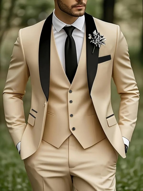 Set costum masculin pentru nunți și evenimente formale, croială slim, rever clasic cu nasturi la un rând, 100% poliester, potrivit primăvară și toamnă