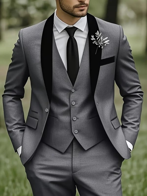 Set costum masculin pentru nunți și evenimente formale, croială slim, rever clasic cu nasturi la un rând, 100% poliester, potrivit primăvară și toamnă