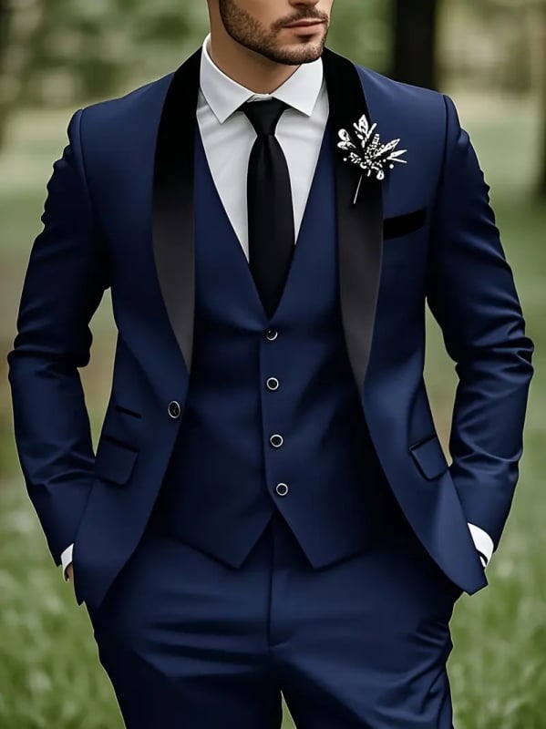 Set costum masculin pentru nunți și evenimente formale, croială slim, rever clasic cu nasturi la un rând, 100% poliester, potrivit primăvară și toamnă