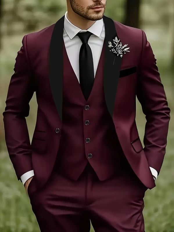 Set costum masculin pentru nunți și evenimente formale, croială slim, rever clasic cu nasturi la un rând, 100% poliester, potrivit primăvară și toamnă