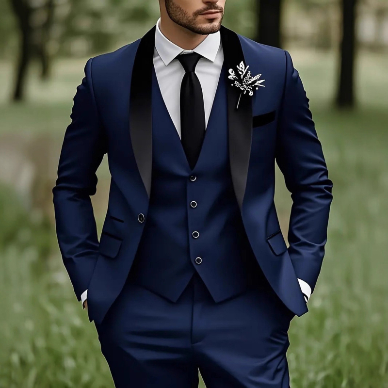Set costum masculin pentru nunți și evenimente formale, croială slim, rever clasic cu nasturi la un rând, 100% poliester, potrivit primăvară și toamnă