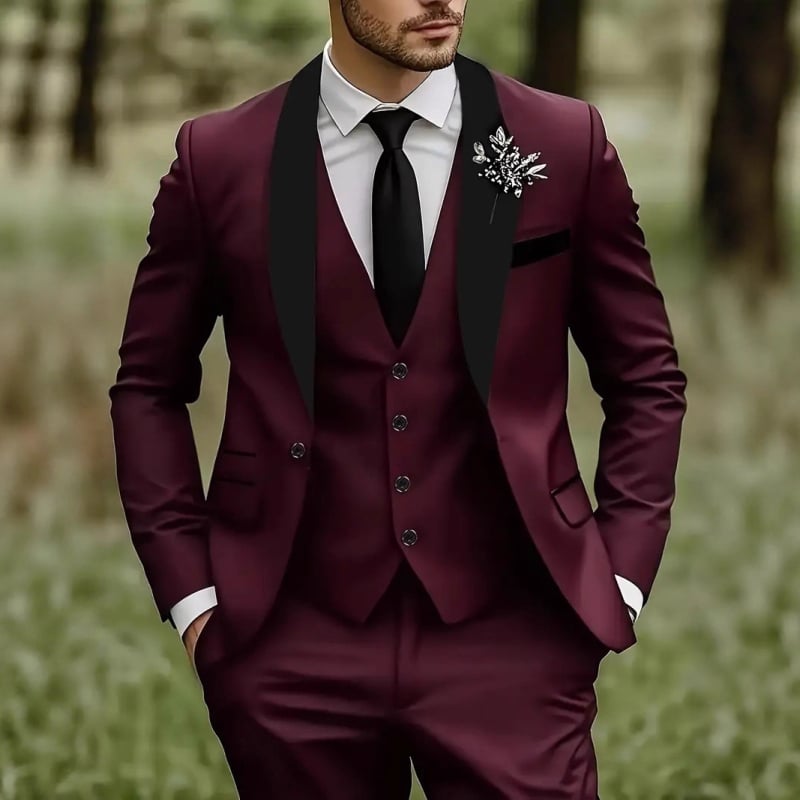 Set costum masculin pentru nunți și evenimente formale, croială slim, rever clasic cu nasturi la un rând, 100% poliester, potrivit primăvară și toamnă