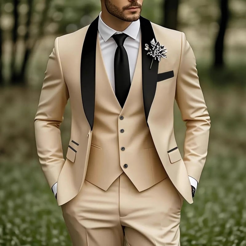 Set costum masculin pentru nunți și evenimente formale, croială slim, rever clasic cu nasturi la un rând, 100% poliester, potrivit primăvară și toamnă