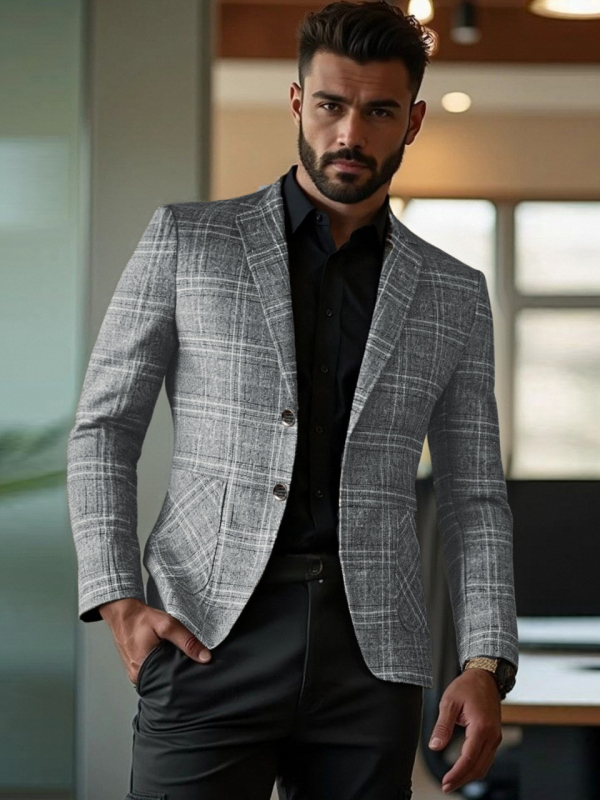 Ανδρικό κοστούμι casual Slim Fit, καρό σχέδιο, πέτο, μονόμπλουζ, για άνοιξη-φθινοπωρο