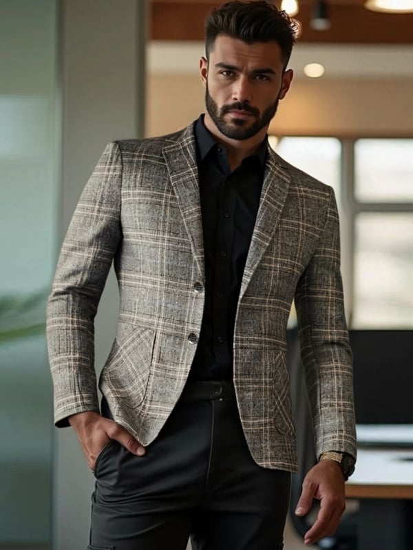 Ανδρικό κοστούμι casual Slim Fit, καρό σχέδιο, πέτο, μονόμπλουζ, για άνοιξη-φθινοπωρο