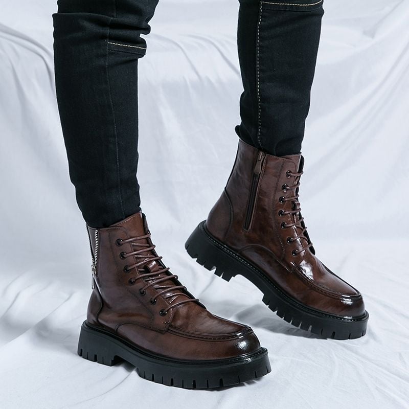 Férfiaknak készült valódi bőrből készült bakancs, magas szárú, brit stílus, vastag talp, magasság növelő, téli, középmagas szár
