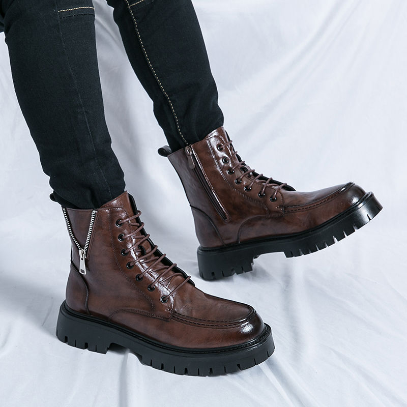 Férfiaknak készült valódi bőrből készült bakancs, magas szárú, brit stílus, vastag talp, magasság növelő, téli, középmagas szár