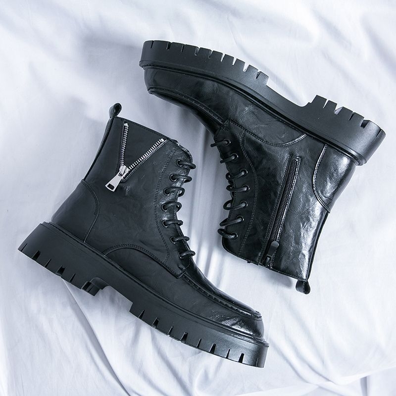 Férfiaknak készült valódi bőrből készült bakancs, magas szárú, brit stílus, vastag talp, magasság növelő, téli, középmagas szár