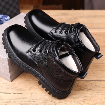 Ανδρικά Δερμάτινα Παπούτσια με Υψηλή Σόλα - Επάνω: Top Layer Cowhide, Σόλα: Καουτσούκ, Στρογγυλή Μύτη, Δέσιμο με Κορδόνια, Αυξάνει το Ύψος και Διατηρεί τη Θερμότητα