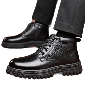 Ανδρικά Δερμάτινα Παπούτσια με Υψηλή Σόλα - Επάνω: Top Layer Cowhide, Σόλα: Καουτσούκ, Στρογγυλή Μύτη, Δέσιμο με Κορδόνια, Αυξάνει το Ύψος και Διατηρεί τη Θερμότητα