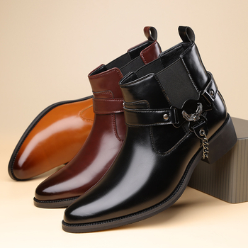 Ανδρικά μποτάκια Μαρτίν από PU δέρμα, μυτερή μύτη, μεσαίο ύψος αστραγάλης, χαμηλό τακούνι