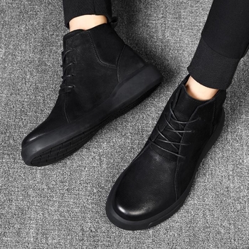 Ziemas vīriešu kurpes no īstas ādas ar mākslīgu īsu pūka oderi, gumijas zole, augsts potītes stils Chelsea