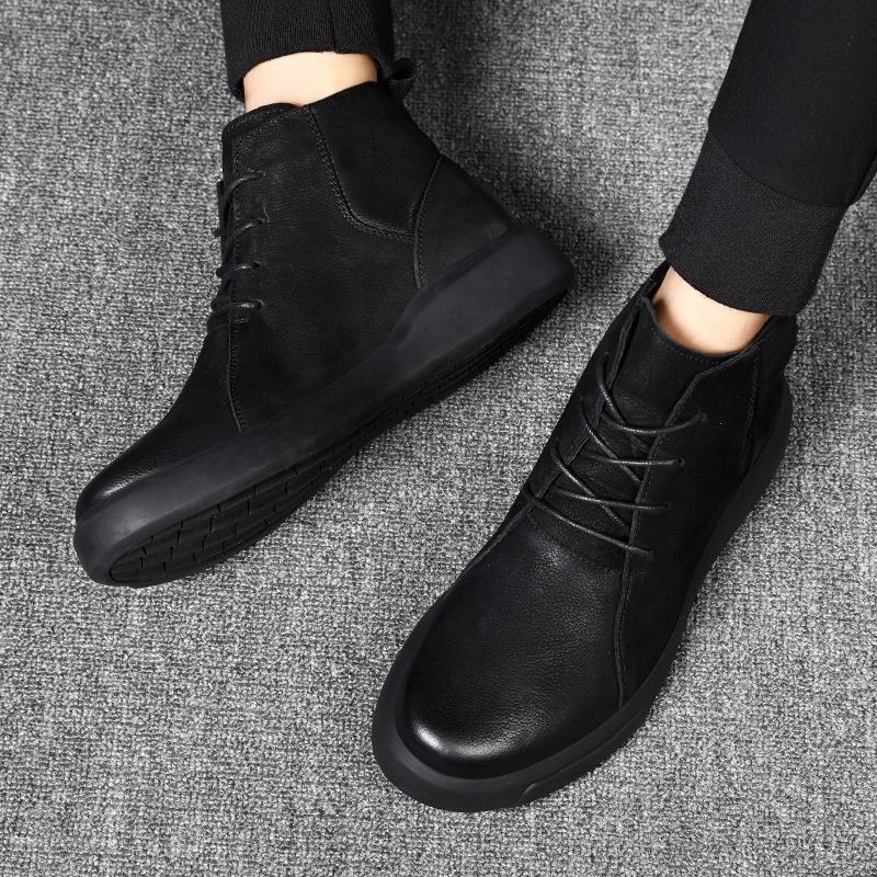 Ziemas vīriešu kurpes no īstas ādas ar mākslīgu īsu pūka oderi, gumijas zole, augsts potītes stils Chelsea