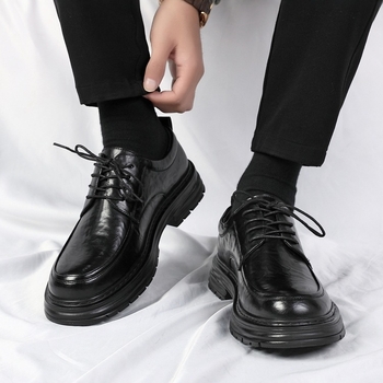 Αντρικά Δερμάτινα Derby Παπούτσια - Επάνω μέρος από Δέρμα Δεύτερου Επιπέδου, Καουτσούκ Σόλα, Κορδόνια, Στρογγυλή Μύτη, Εσωτερική Επένδυση από Γούνα Κουνελιού