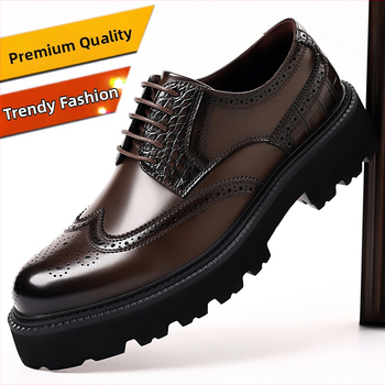 Ανδρικά Δερμάτινα Παπούτσια Brogue με Σκαλιστό Σχέδιο, Αιχμηρός Δάκτυλος, Σόλα EVA, Μπροστινό Δέσιμο με Κορδόνια, Μέσο Ύψος Τακουνιού 3-5 cm