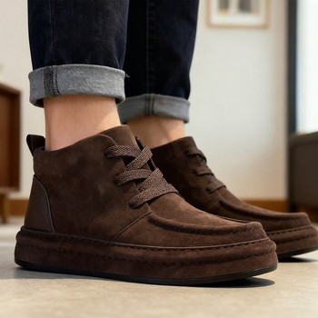 Ανδρικά χειμερινά παπούτια υψηλής κορυφής με ζεστή επένδυση, συνθετικό δέρμα με υφή σουέντ, κορδόνια, στρογγυλή μύτη, καουτσούκ σόλα