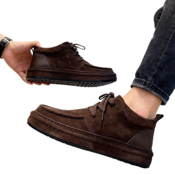 Ανδρικά χειμερινά παπούτια υψηλής κορυφής με ζεστή επένδυση, συνθετικό δέρμα με υφή σουέντ, κορδόνια, στρογγυλή μύτη, καουτσούκ σόλα