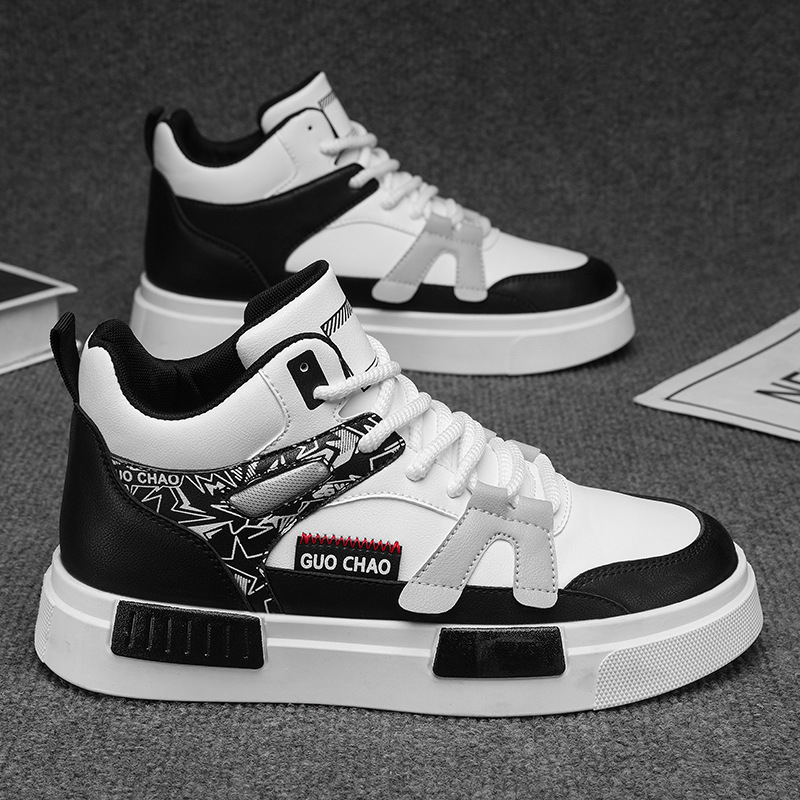 Ανδρικά skate παπούτσια με φαρδιά σόλα για αύξηση ύψους | Άνω μέρος συνθετικό δέρμα, ψηλό πάνω μέρος, κλείσιμο με κορδόνια, εσωτερική mesh επένδυση, ύψος φτέρνας 3–5 εκ, μοτίβο Color Blocking