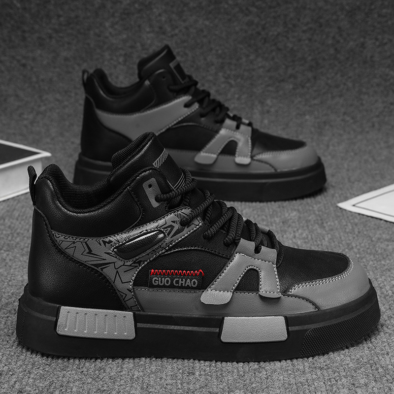 Ανδρικά skate παπούτσια με φαρδιά σόλα για αύξηση ύψους | Άνω μέρος συνθετικό δέρμα, ψηλό πάνω μέρος, κλείσιμο με κορδόνια, εσωτερική mesh επένδυση, ύψος φτέρνας 3–5 εκ, μοτίβο Color Blocking