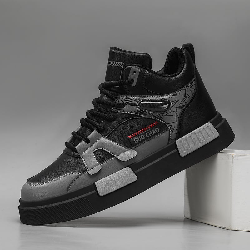 Ανδρικά skate παπούτσια με φαρδιά σόλα για αύξηση ύψους | Άνω μέρος συνθετικό δέρμα, ψηλό πάνω μέρος, κλείσιμο με κορδόνια, εσωτερική mesh επένδυση, ύψος φτέρνας 3–5 εκ, μοτίβο Color Blocking