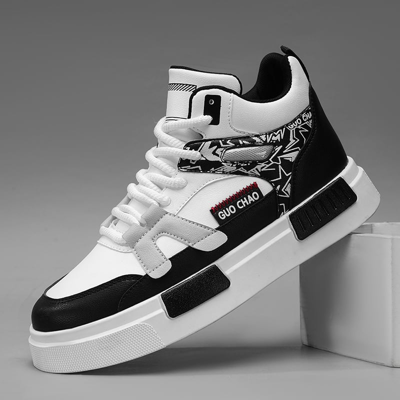 Ανδρικά skate παπούτσια με φαρδιά σόλα για αύξηση ύψους | Άνω μέρος συνθετικό δέρμα, ψηλό πάνω μέρος, κλείσιμο με κορδόνια, εσωτερική mesh επένδυση, ύψος φτέρνας 3–5 εκ, μοτίβο Color Blocking