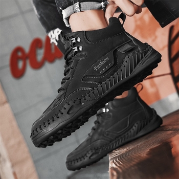 Ανδρικά μποτάκια εργασίας με PU επάνω μέρος, καουτσούκ σόλα, μεσαίο ύψος, στρογγυλή μύτη, κορδωτά