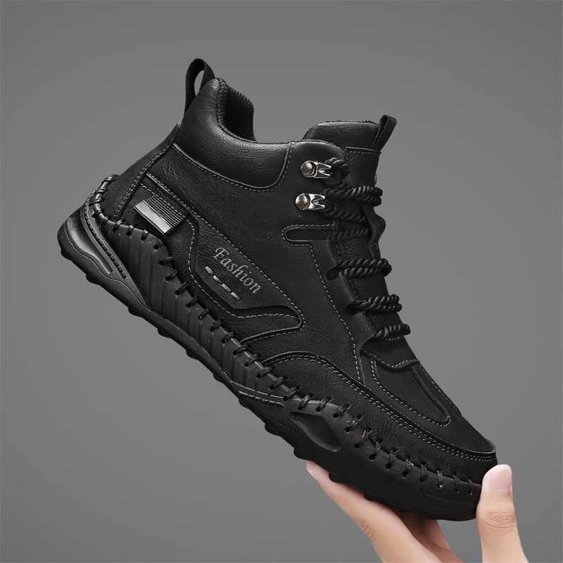 Ανδρικά μποτάκια εργασίας με PU επάνω μέρος, καουτσούκ σόλα, μεσαίο ύψος, στρογγυλή μύτη, κορδωτά