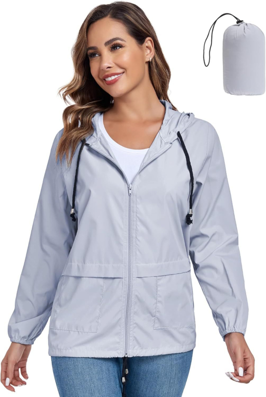 Moteriška Slim-Fit užtrauktukinė striukė su gobtuvu, lengva lietaus striukė, poliesterio-elastano mišinys, lauko žygiams
