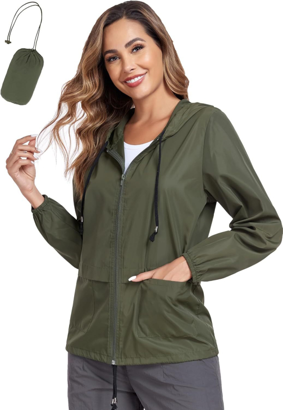 Moteriška Slim-Fit užtrauktukinė striukė su gobtuvu, lengva lietaus striukė, poliesterio-elastano mišinys, lauko žygiams