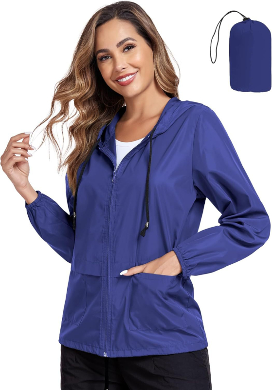 Moteriška Slim-Fit užtrauktukinė striukė su gobtuvu, lengva lietaus striukė, poliesterio-elastano mišinys, lauko žygiams