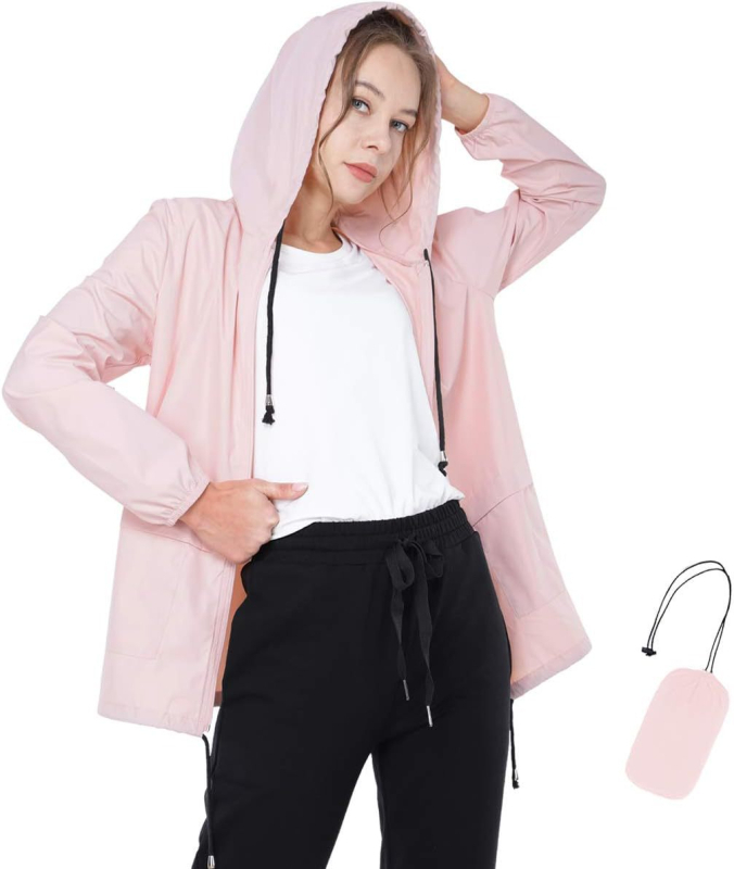 Moteriška Slim-Fit užtrauktukinė striukė su gobtuvu, lengva lietaus striukė, poliesterio-elastano mišinys, lauko žygiams