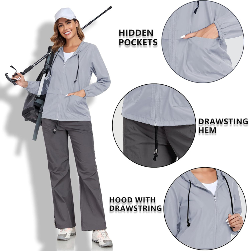 Moteriška Slim-Fit užtrauktukinė striukė su gobtuvu, lengva lietaus striukė, poliesterio-elastano mišinys, lauko žygiams