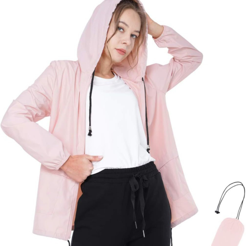 Moteriška Slim-Fit užtrauktukinė striukė su gobtuvu, lengva lietaus striukė, poliesterio-elastano mišinys, lauko žygiams