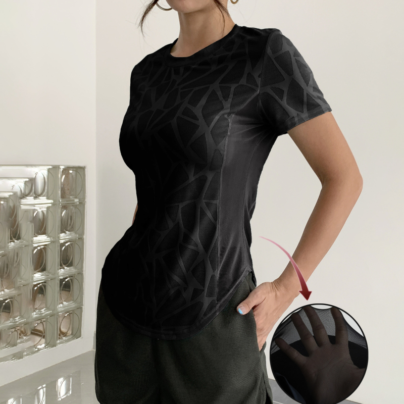 Дамски силуетен фитнес пуловер с къси ръкави и мрежести панели, 92% полиестер, 8% еластан, стандартна дължина, 2025