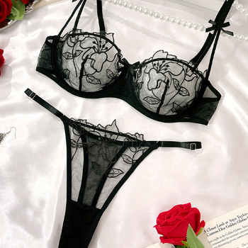 Σετ σουτιέν με δαντελωτό διάτρητο σχέδιο, Push-Up, 3/4 κύπελλο, σταθερά διπλά ιμάντες, κλείσιμο στην πλάτη