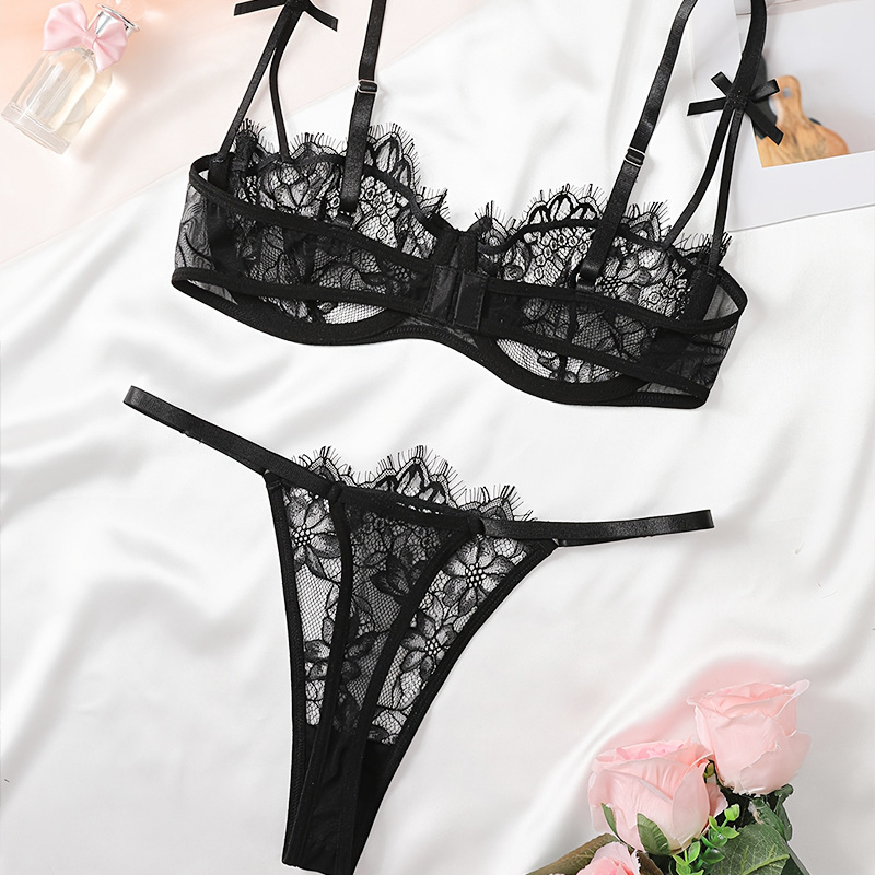 Krūštura komplekts ar tīklu mežģīnēm, Push-Up, 3/4 kauss, fiksētas dubultās siksnas, poliesterā audums